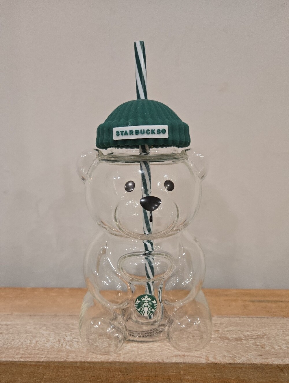 Starbucks Clear Bear Tumbler with Dark Green Beanie Lid and Striped Straw